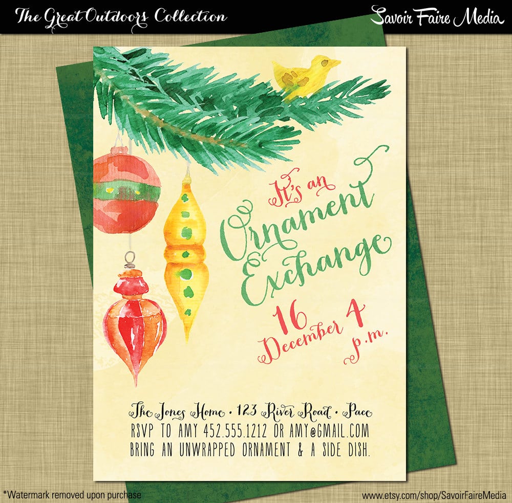 Holiday Ornament Exchange Invitation    Christmas White