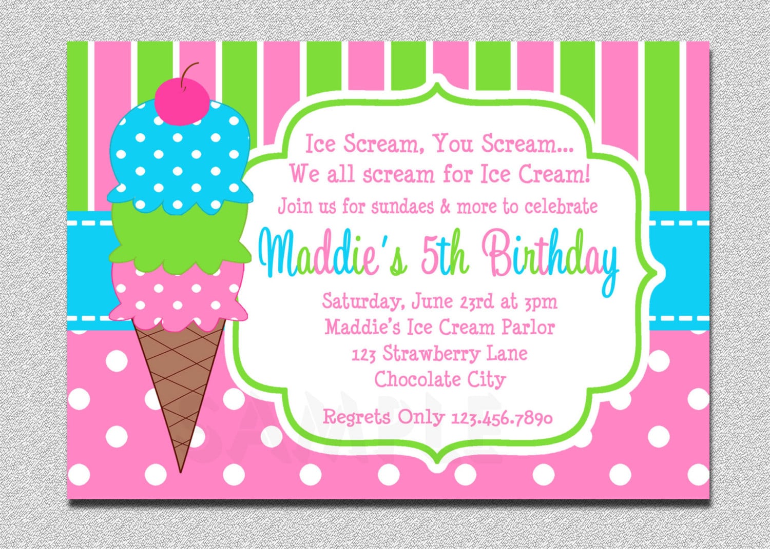 Ice Cream Birthday Invitations Pink And Green Ice Cream