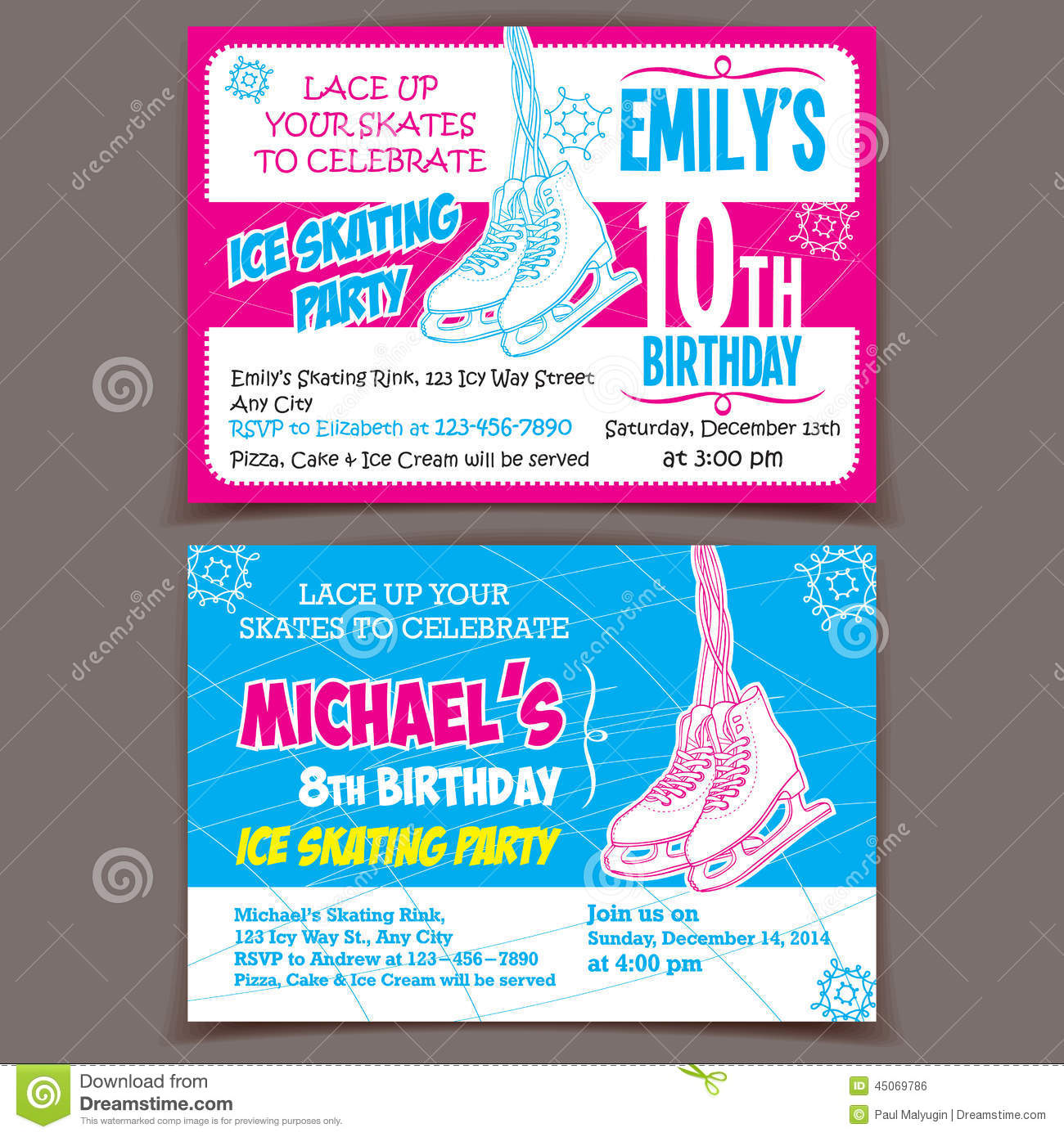 Ice Skating Birthday Party Invitation Cards Stock Vector