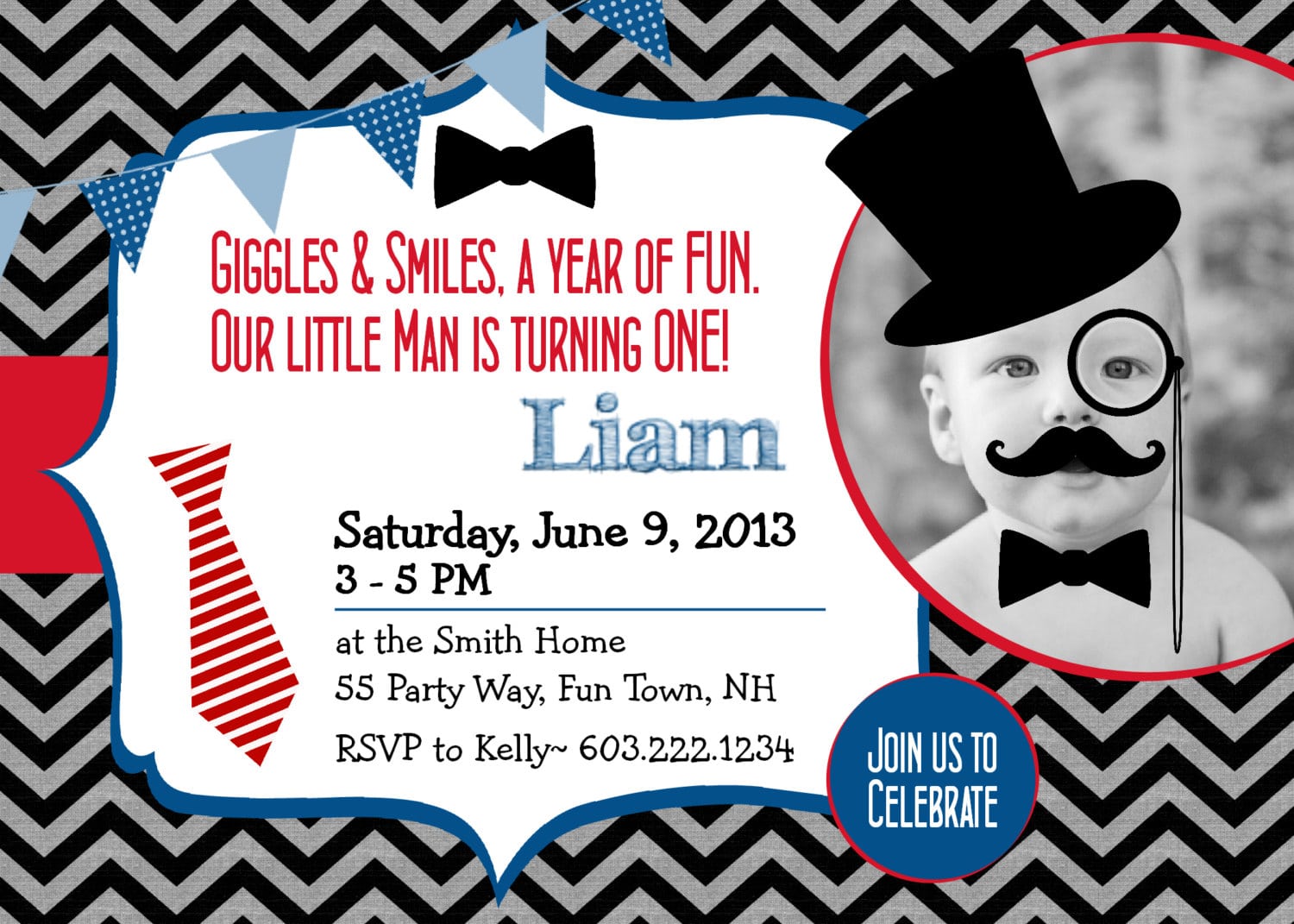 Little Man Birthday Party Invitation Printable Mustache 1st