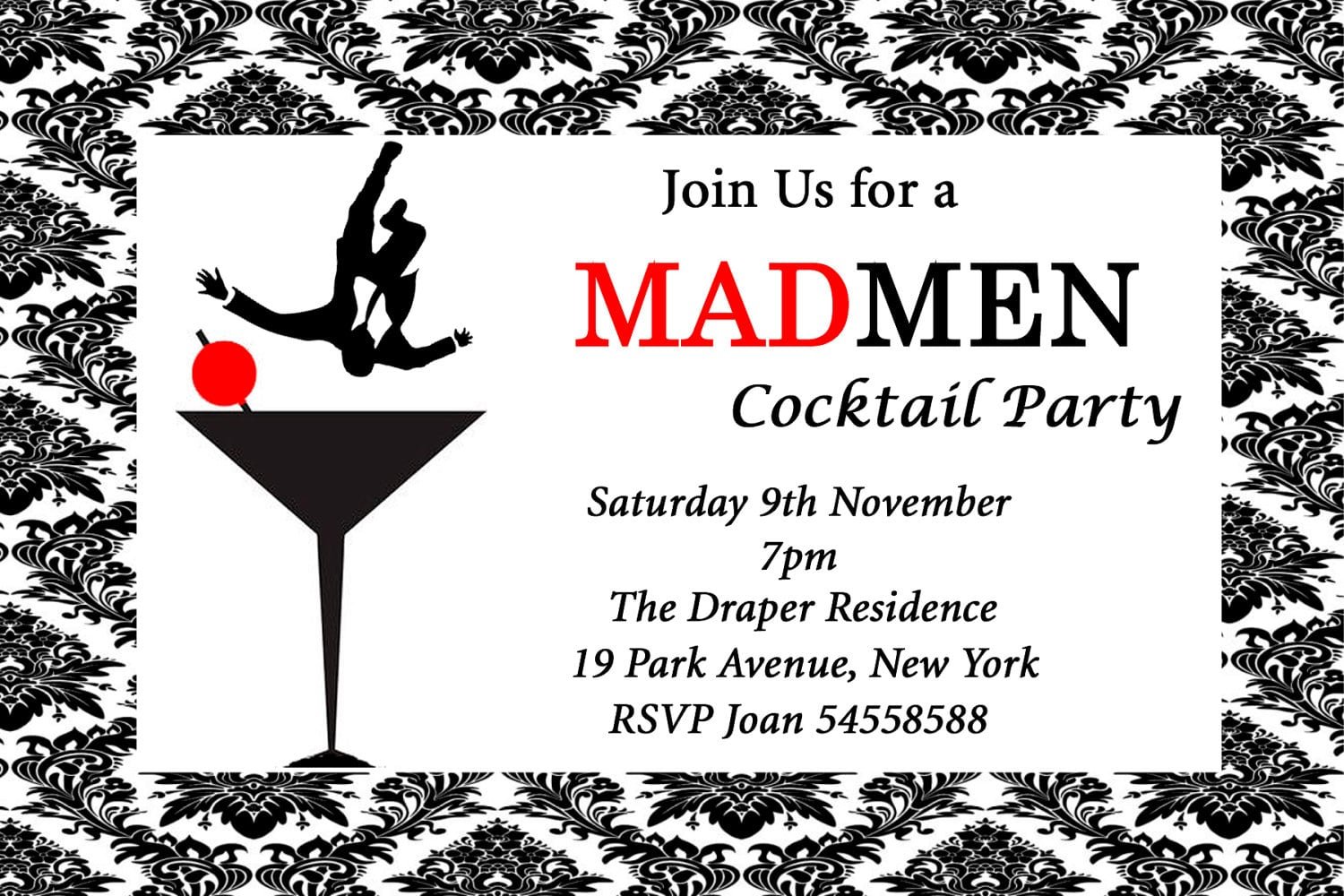 Mad Men Inspired Birthday Cocktail Party Event Invitation