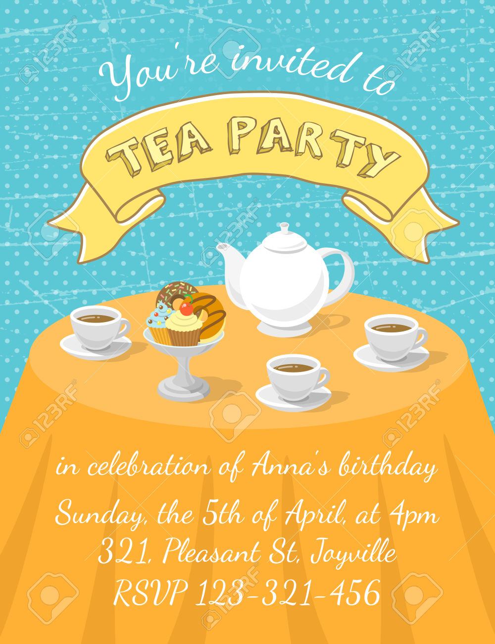 Modern Flat Vector Tea Party Invitation Card With Tea Cups, Teapot