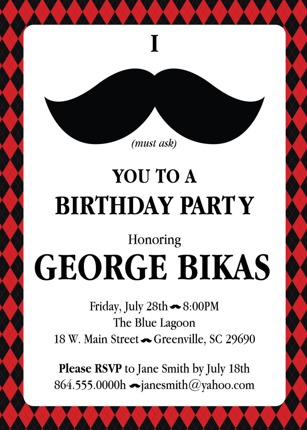 Mustache Argyle Birthday Party Bash Invitations, Manly 30th 40th