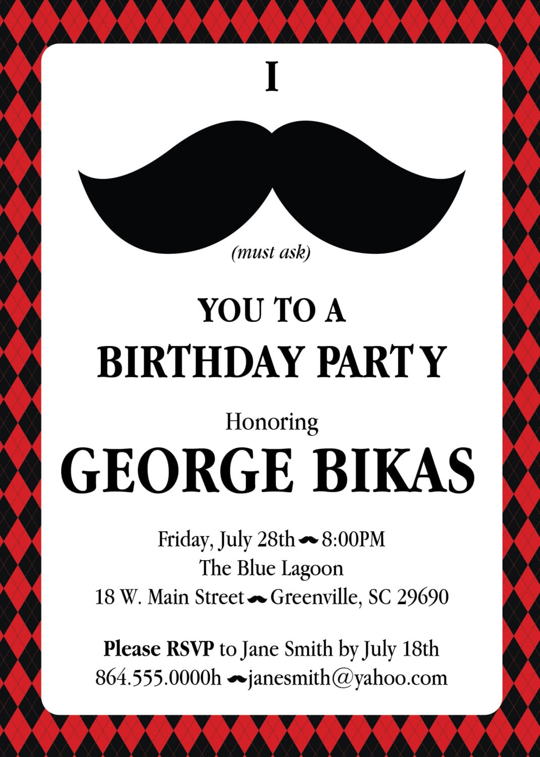 Mustache Argyle Birthday Party Bash Invitations, Manly 30th 40th