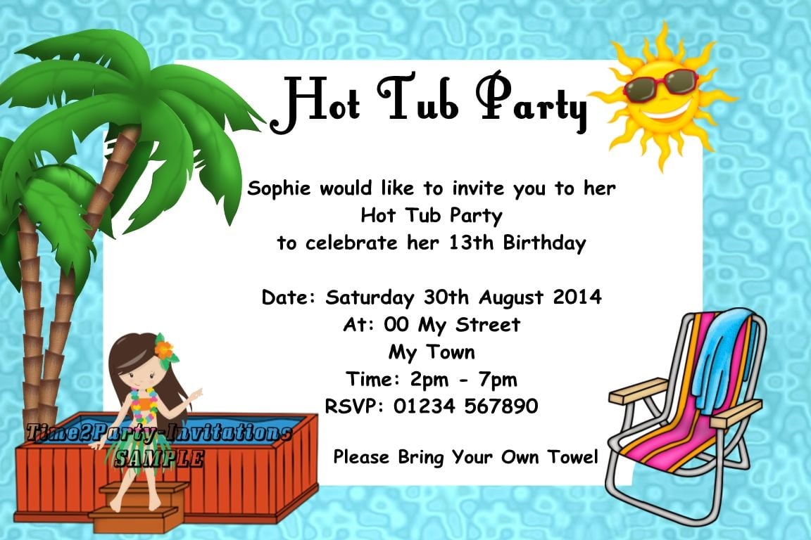 Personalised Hot Tub Birthday Party Invitations Pool Garden Party