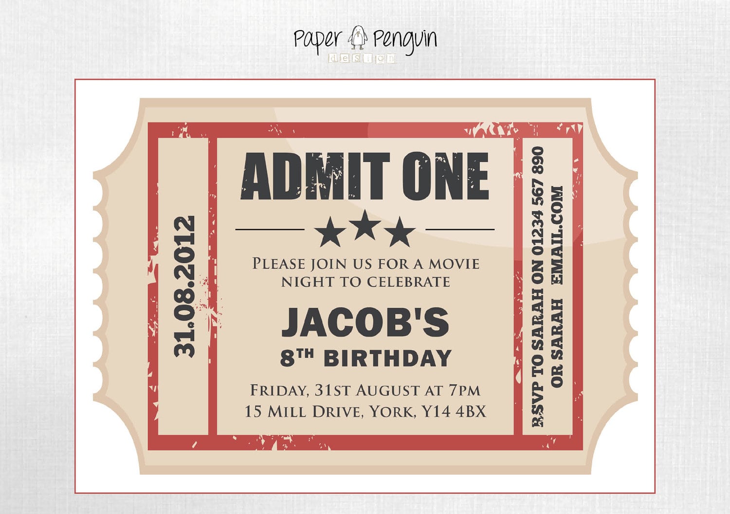 Personalized Kids Movie Ticket Party Invitation