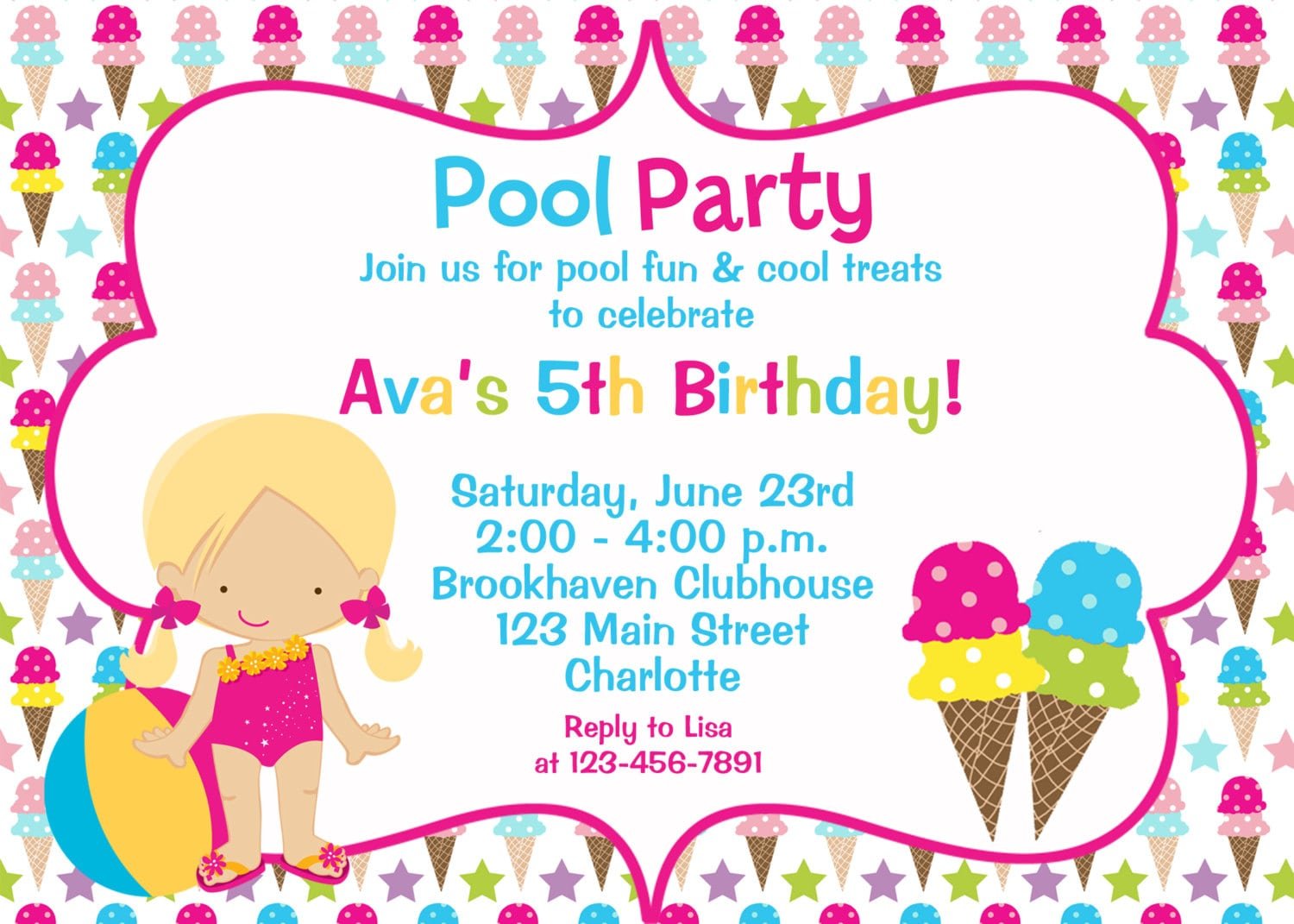 Pool And Ice Cream Party Birthday Invitation Pool Party