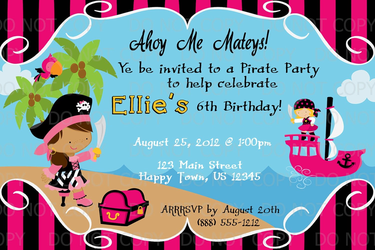 Printable Diy Girl Pirate Birthday Party Invitation