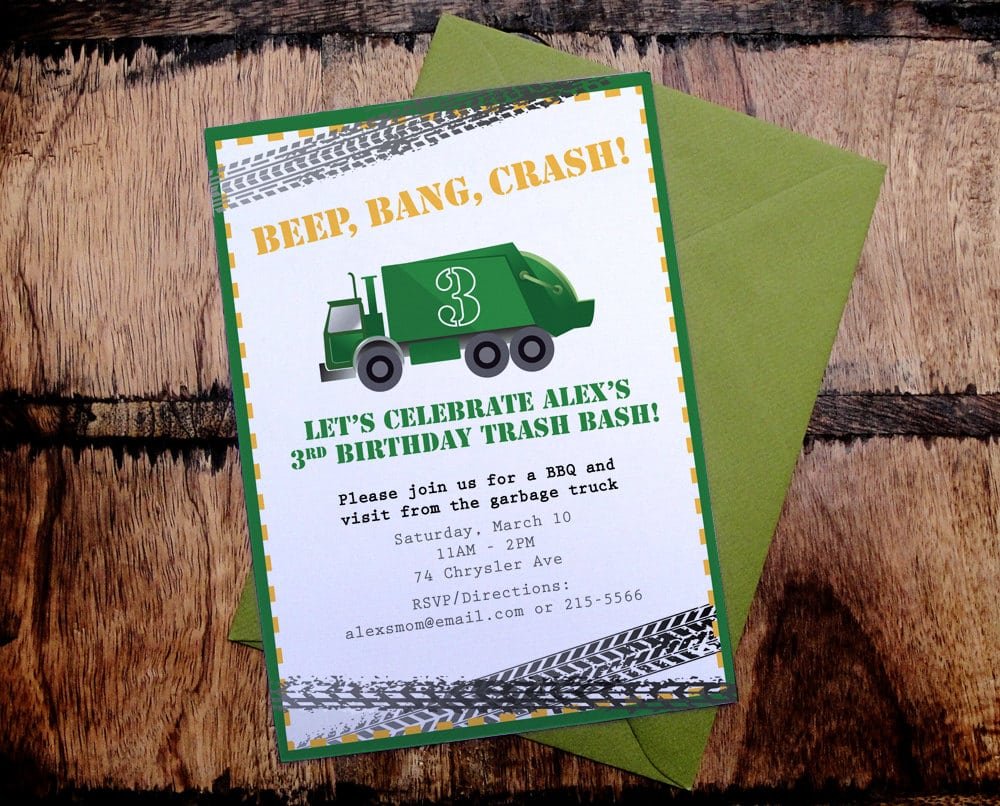 Printable Garbage Truck Birthday Party Invitation