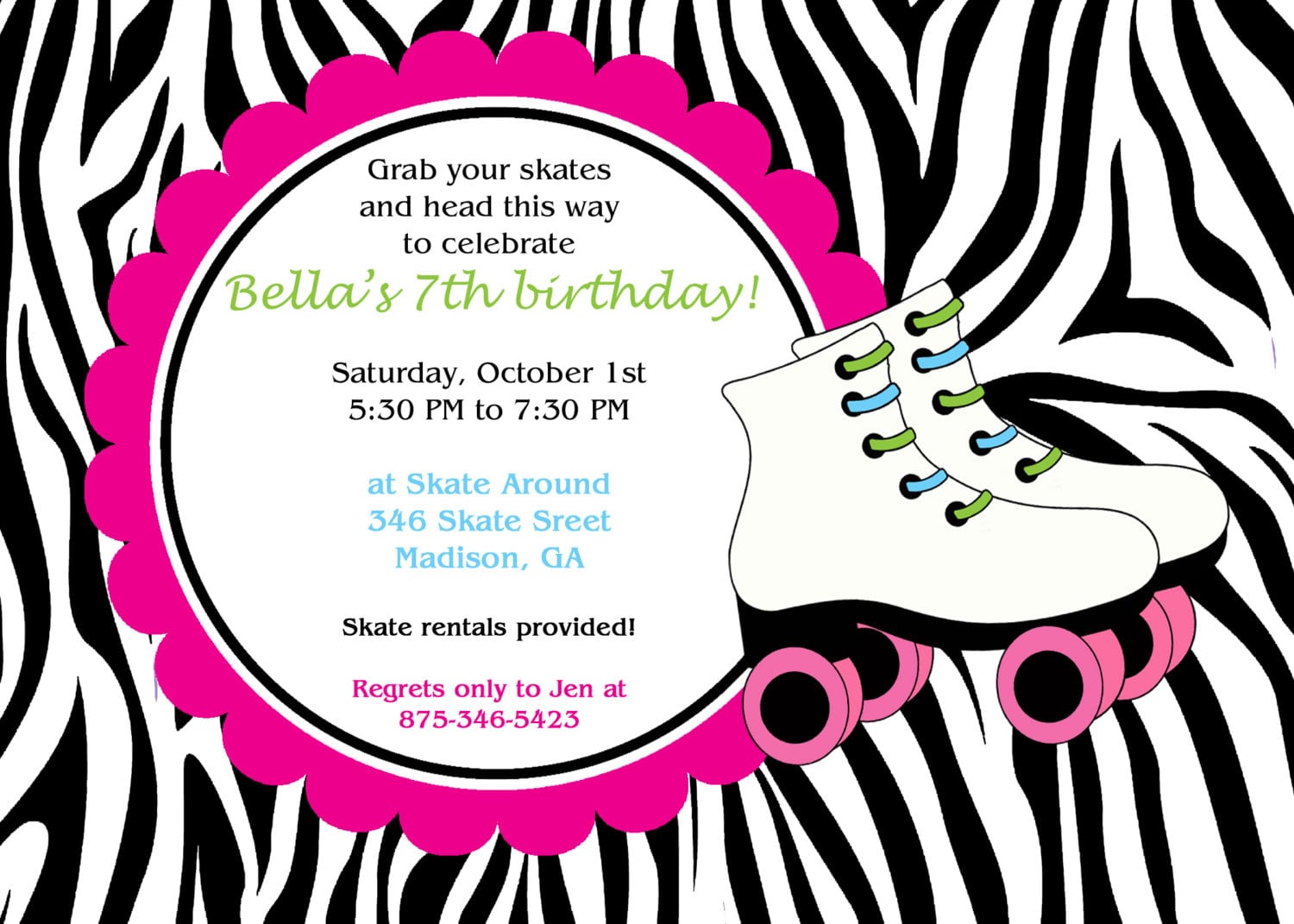 Printable Zebra Print Skate Party Invitation