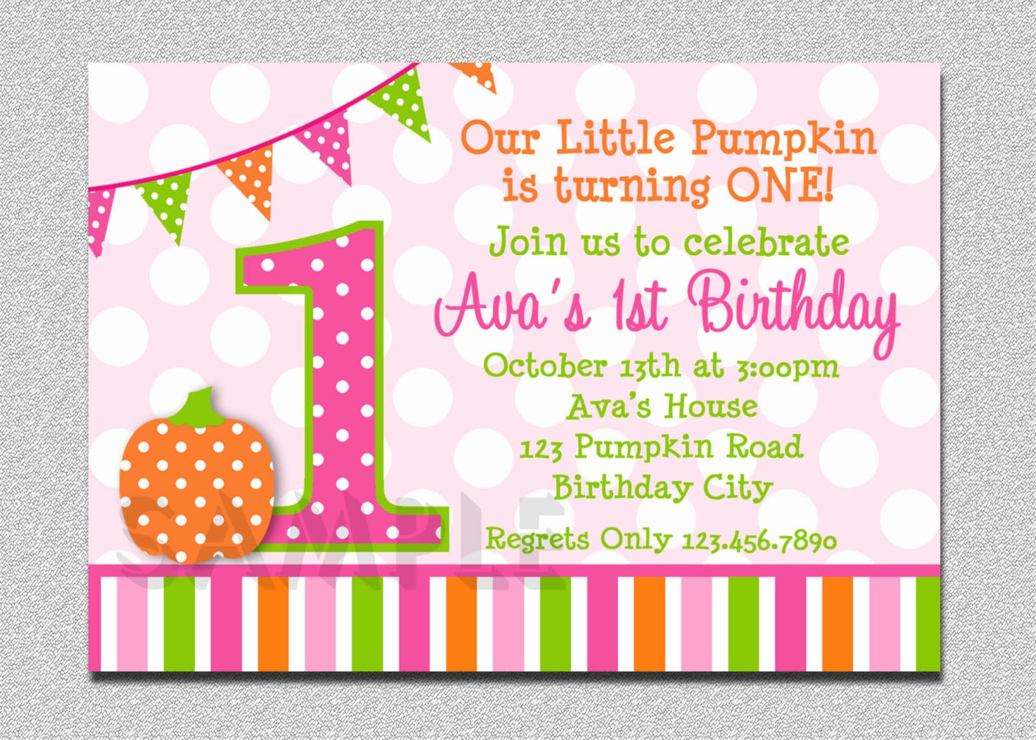 Pumpkin Birthday Invitation Polka Dot Pumpkin 1st Birthday