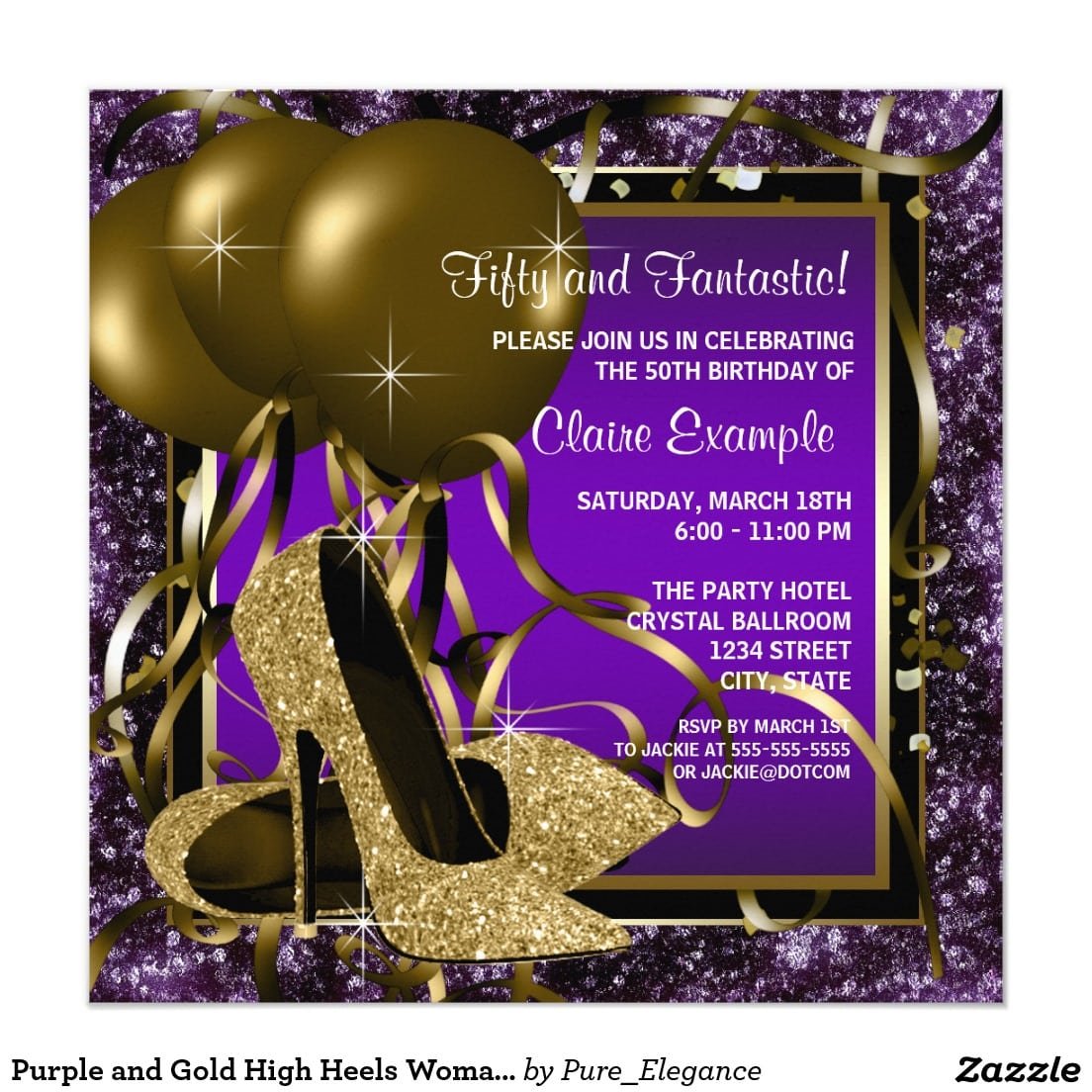 Purple And Gold High Heels Womans Birthday Party 5 25x5 25 Square