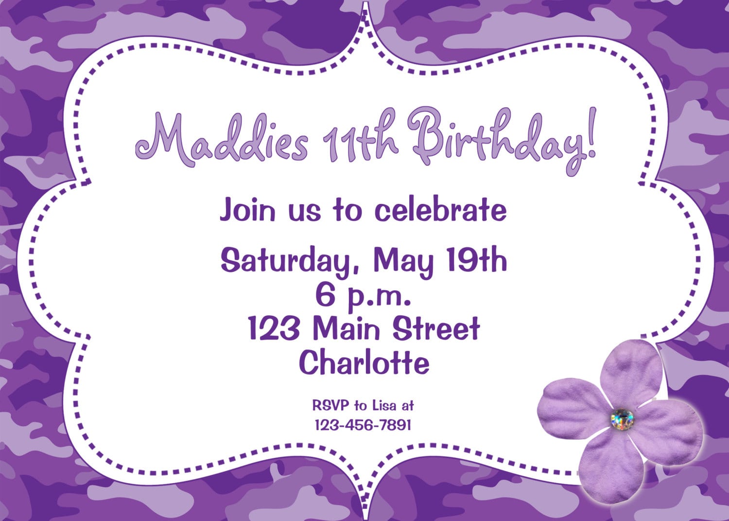 Purple Camo Girls Birthday Party Invitation Funky Purple