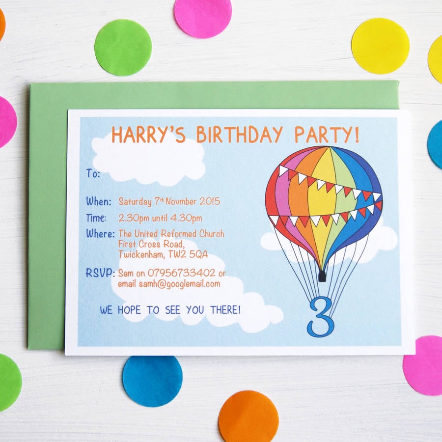 Rainbow Balloon Personalised Birthday Party Invitations By