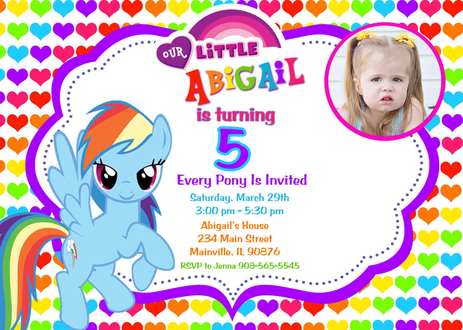 Rainbow Design My Little Pony Birthday Party Invitation Custom