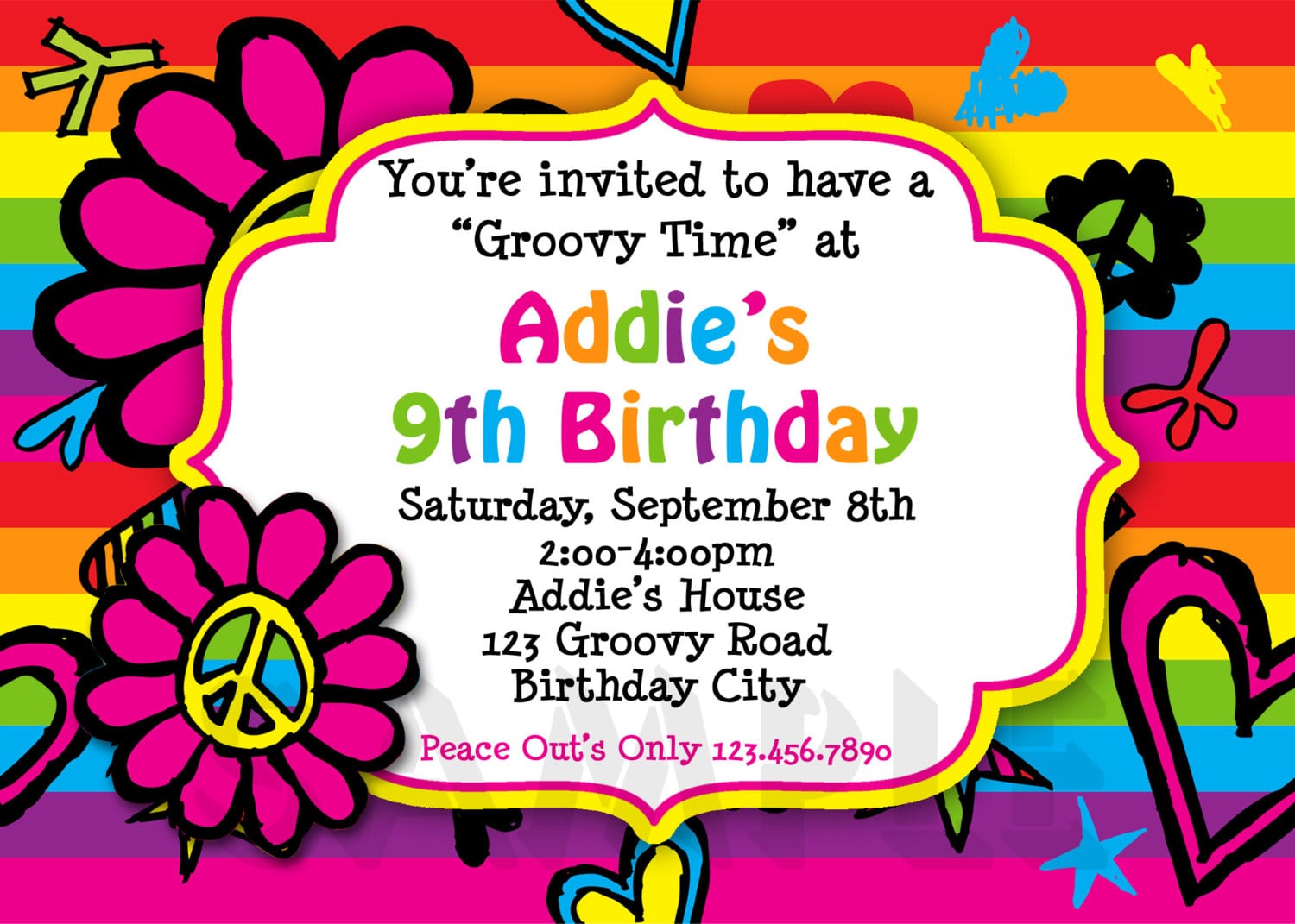 Rainbow Peace Birthday Invitation Hippie Peace Flower Birthday