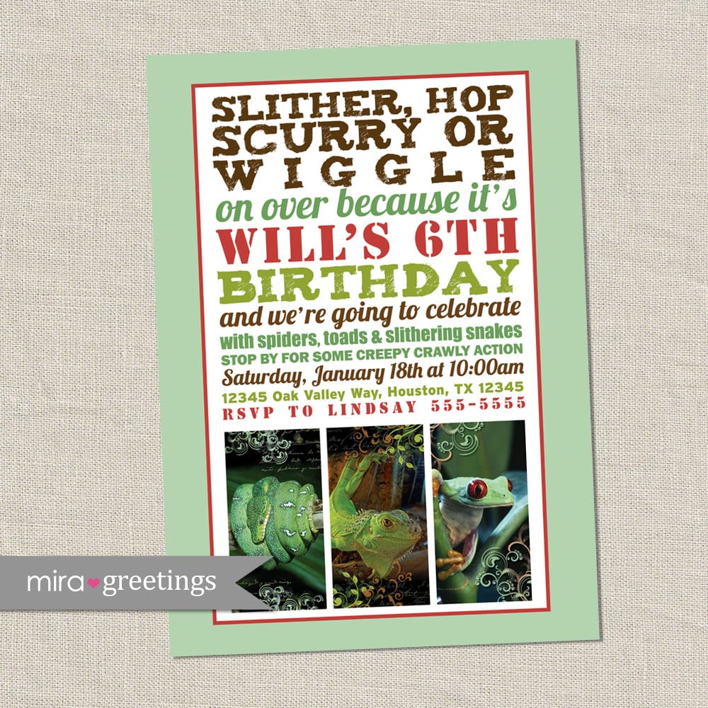 Reptile Birthday Party Invitation Invite Snake Lizard Frog
