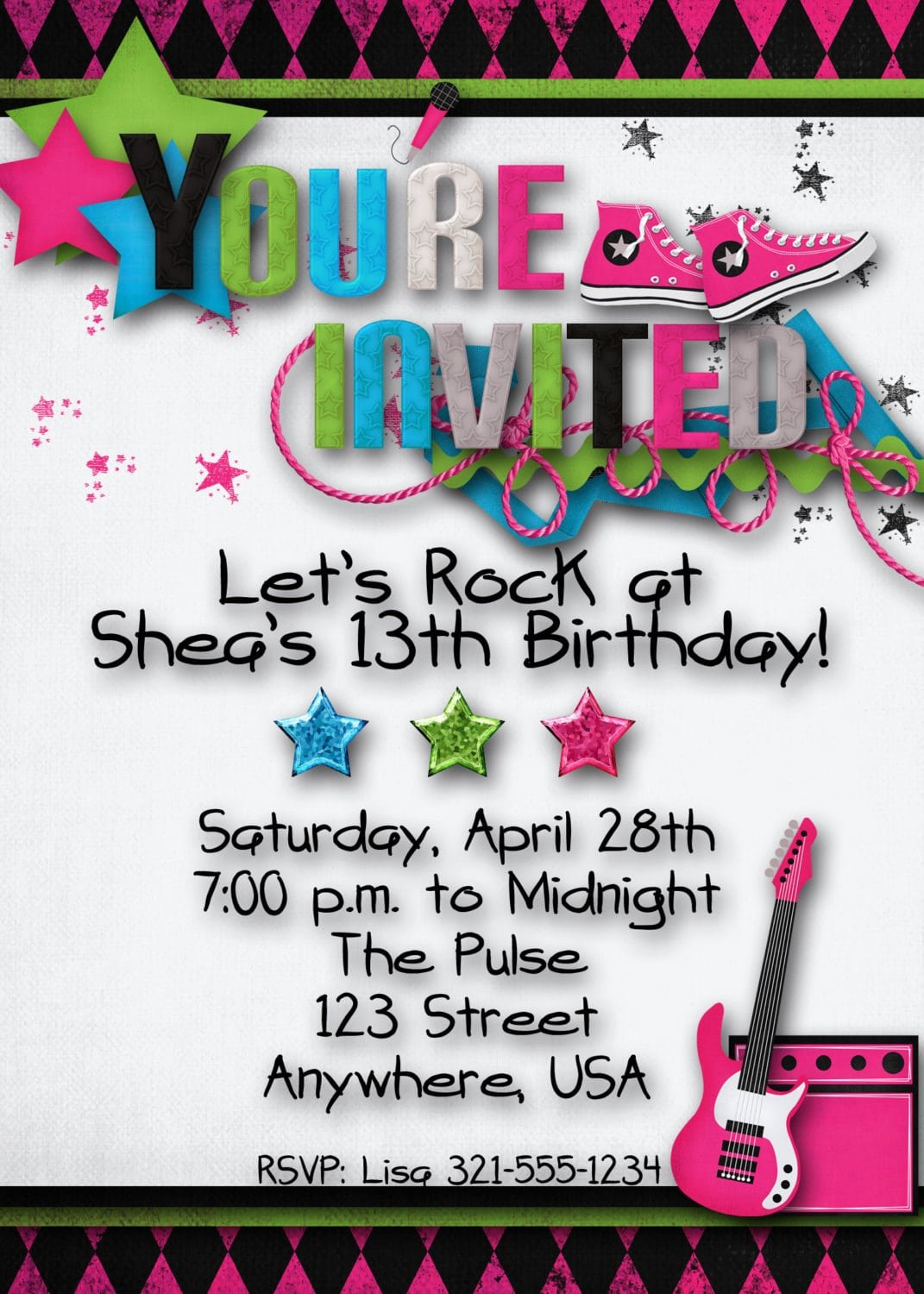 Rock Star Birthday Party Invitation Girl Teen