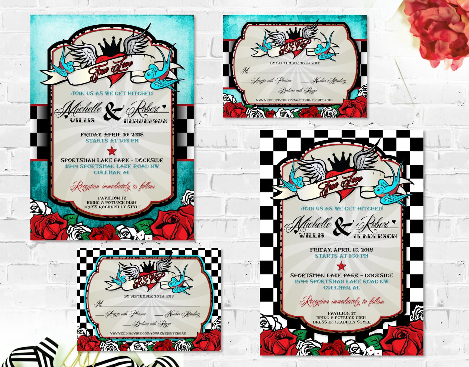 Rockabilly Wedding Invitations Set With Rsvp Card Printable