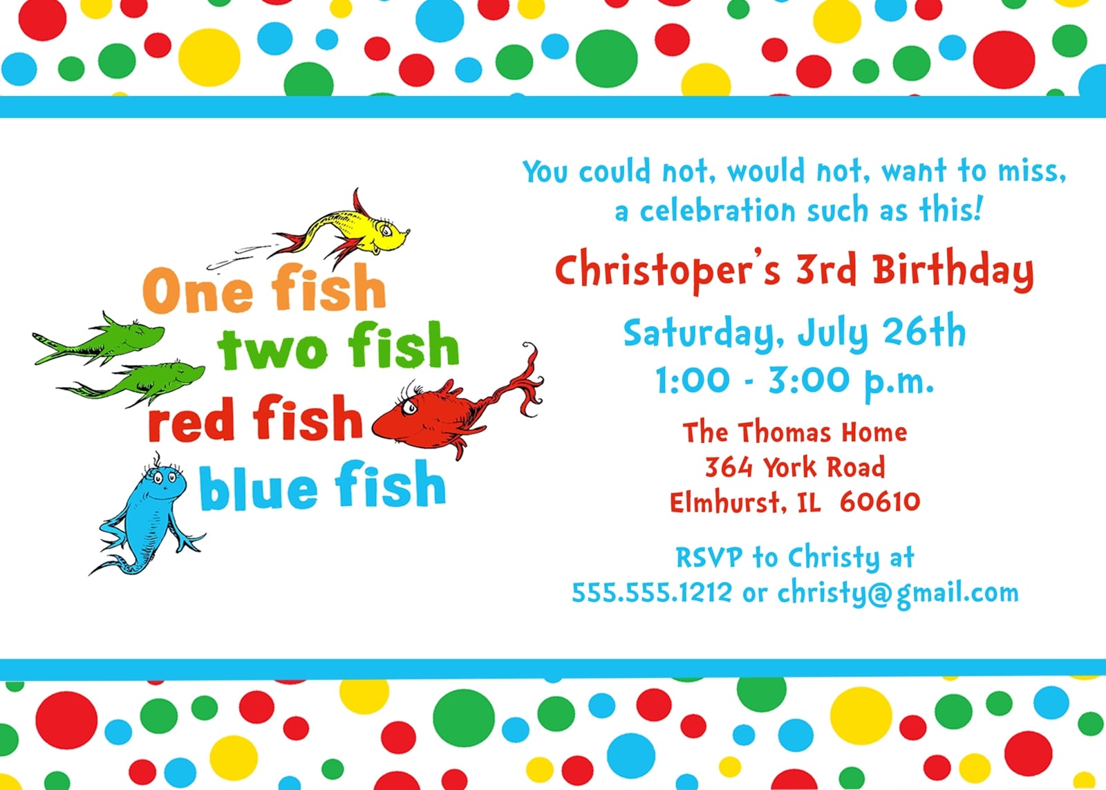 Seuss One Fish Two Fish Birthday Party Invitation, Turquoise, Red