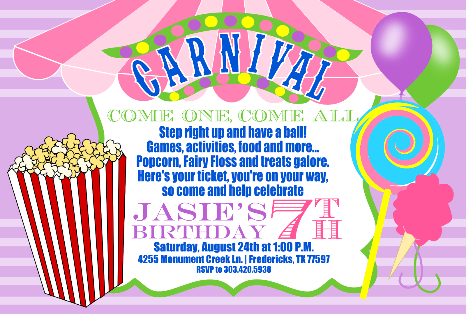Signatures By Sarah  Carnival Birthday Party Invite For Amanda