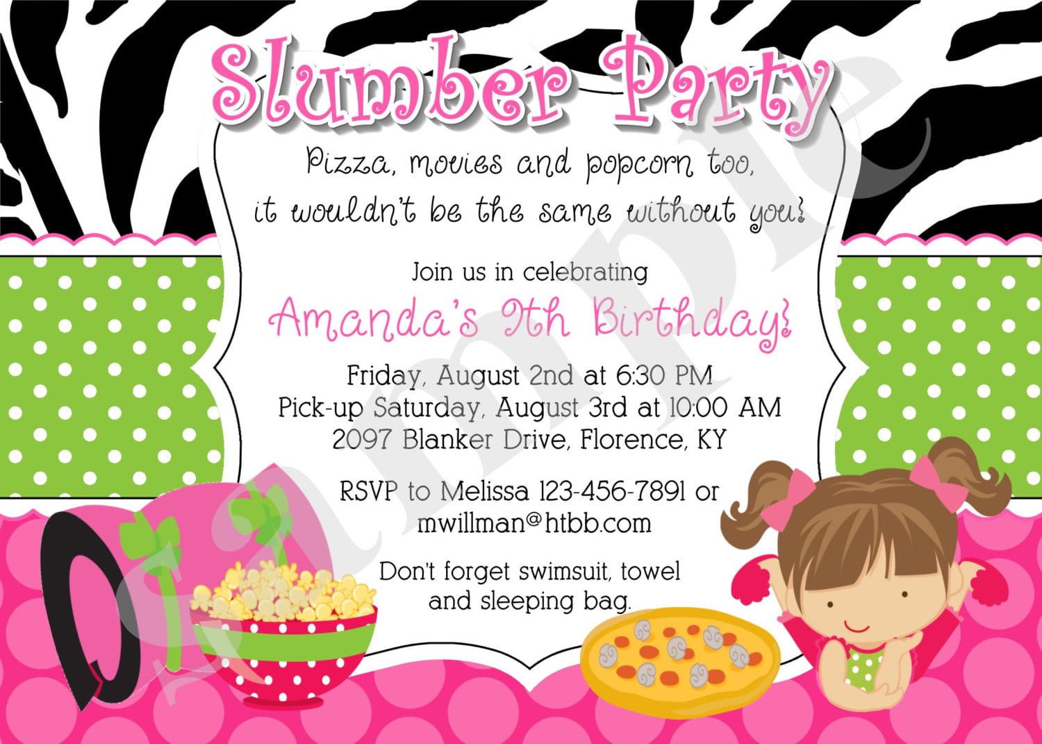 Slumber Party Birthday Invitation Invite Sleepover Pajama