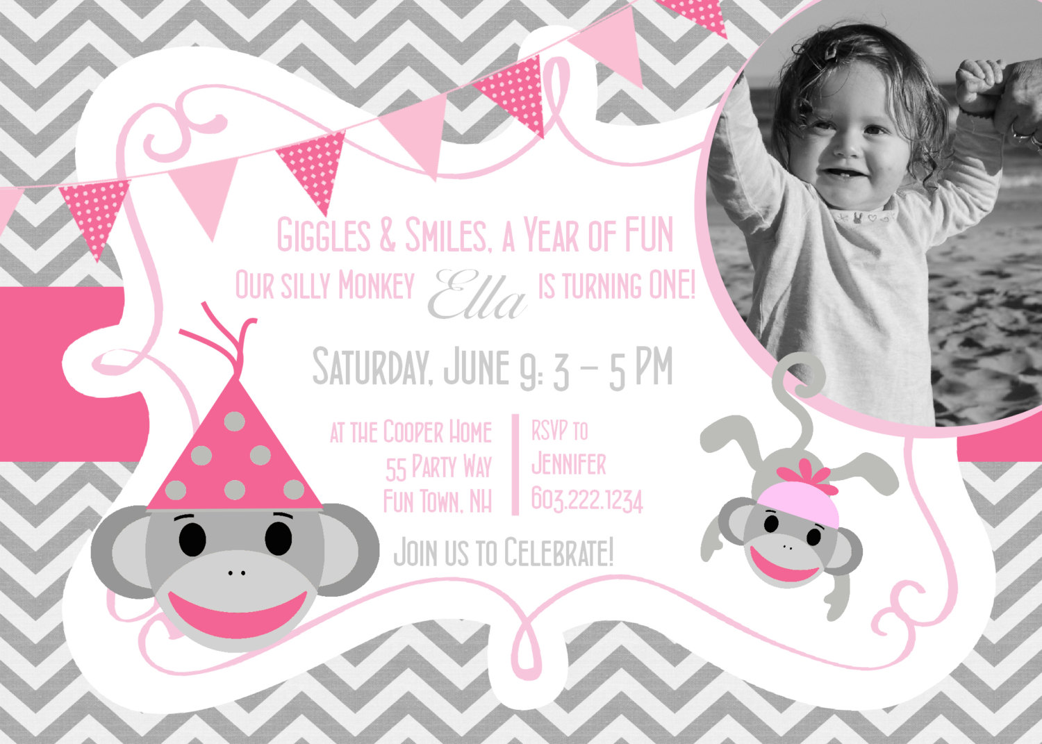 Sock Monkey Birthday Invitation Monkey Party Monkey Invitation