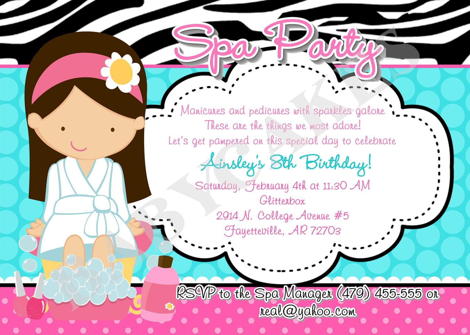 Spa Party Birthday Invitation, Invite, Spa Party Invitation, Spa