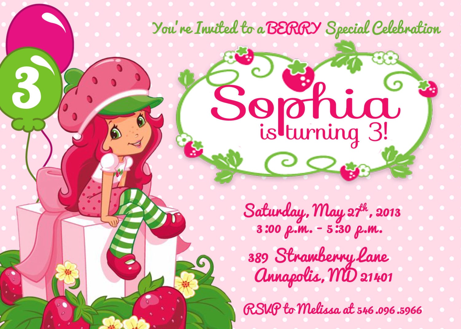 Strawberry Shortcake Birthday Party Invitation Printable Or