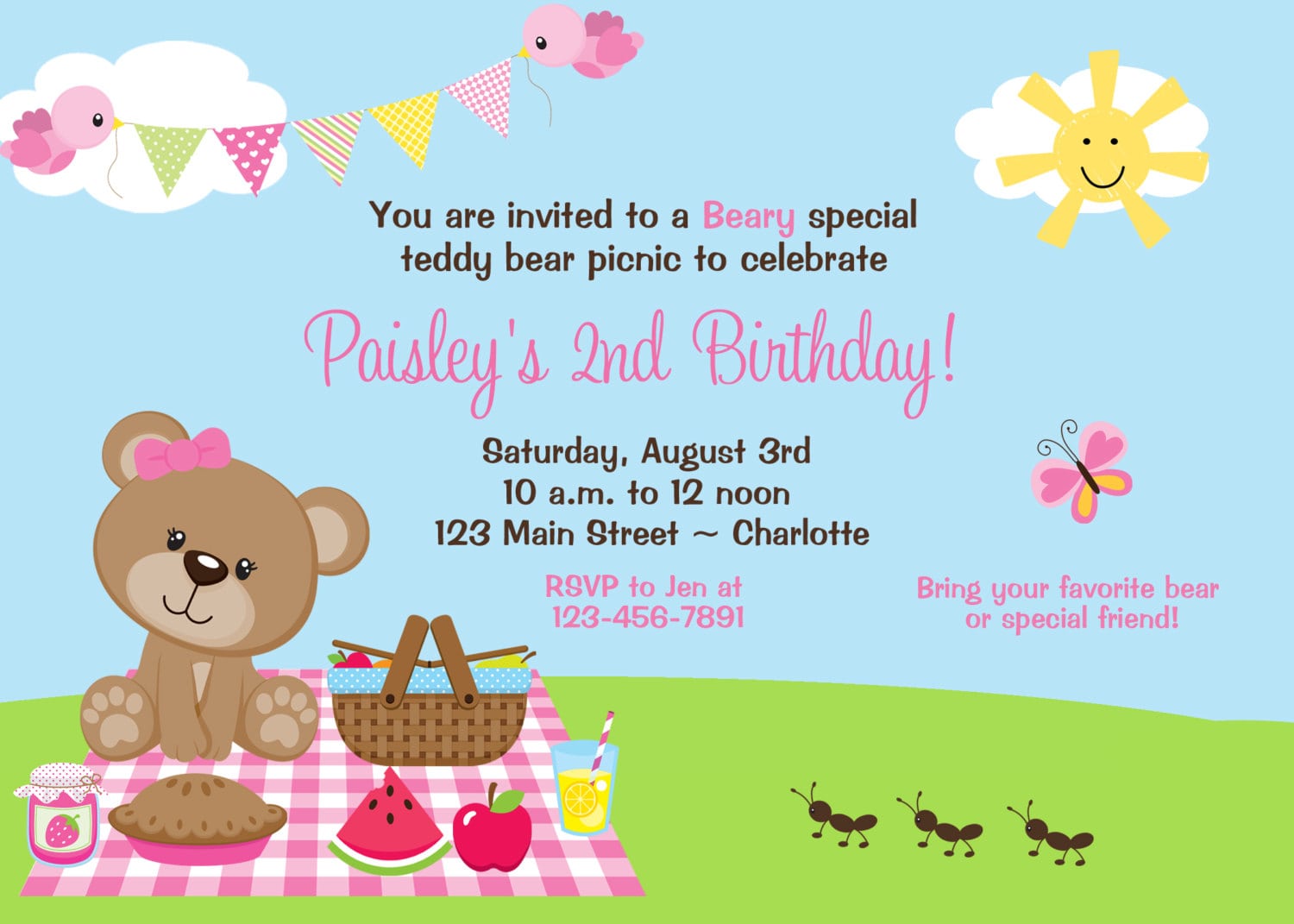 Teddy Bear Picnic Birthday Party Invitation Teddy Bear