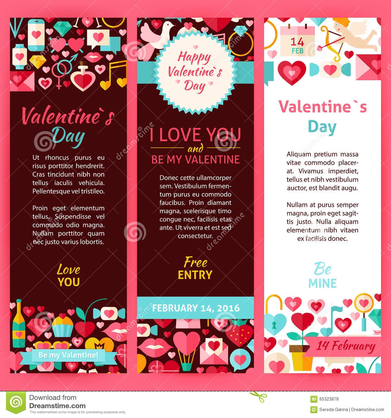 Valentine Day Vector Party Invitation Template Flyer Set Stock