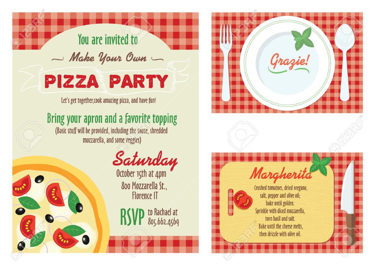 Vector Make Your Own Pizza Party Invitation Set  Recipe Card