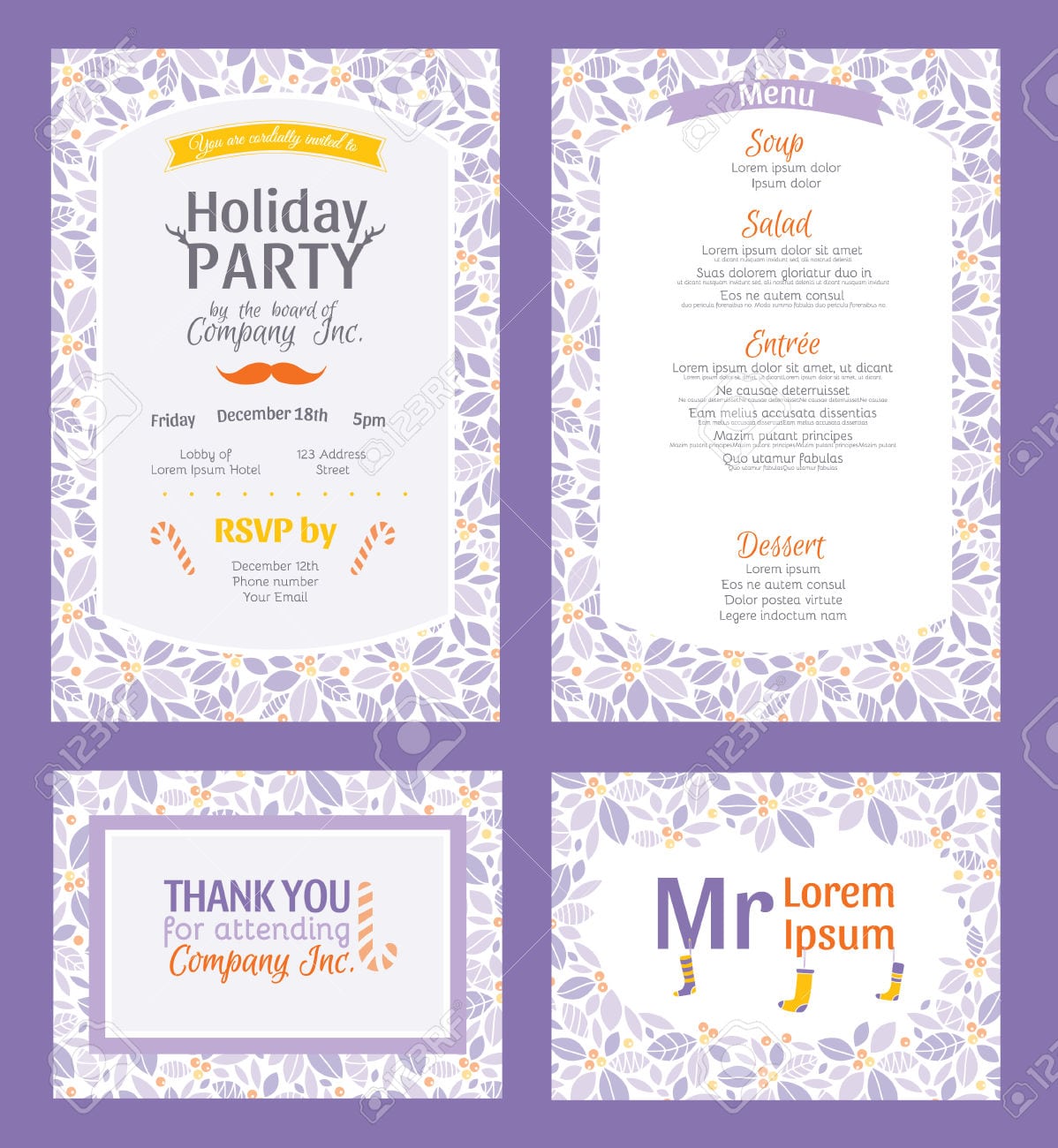 Vector Puprle Holiday Party Invitation Set With Holly Berry