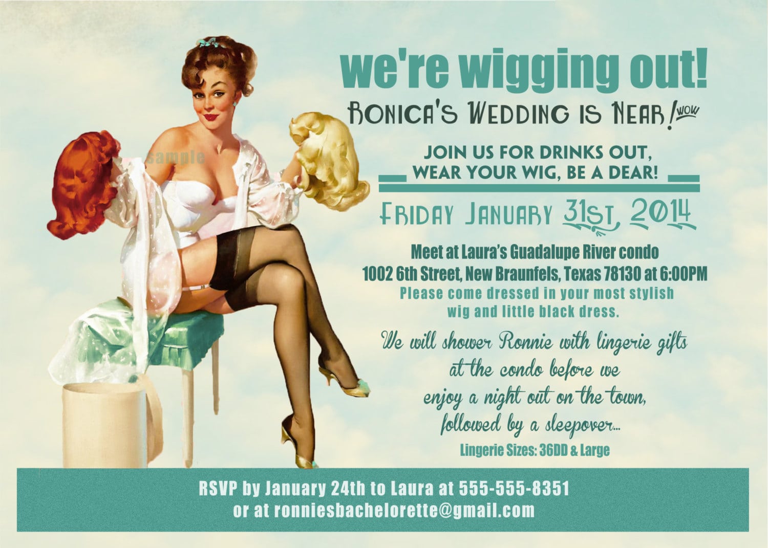 Vintage Pin Up Girl Wig Party Invitation Bachelorette Party
