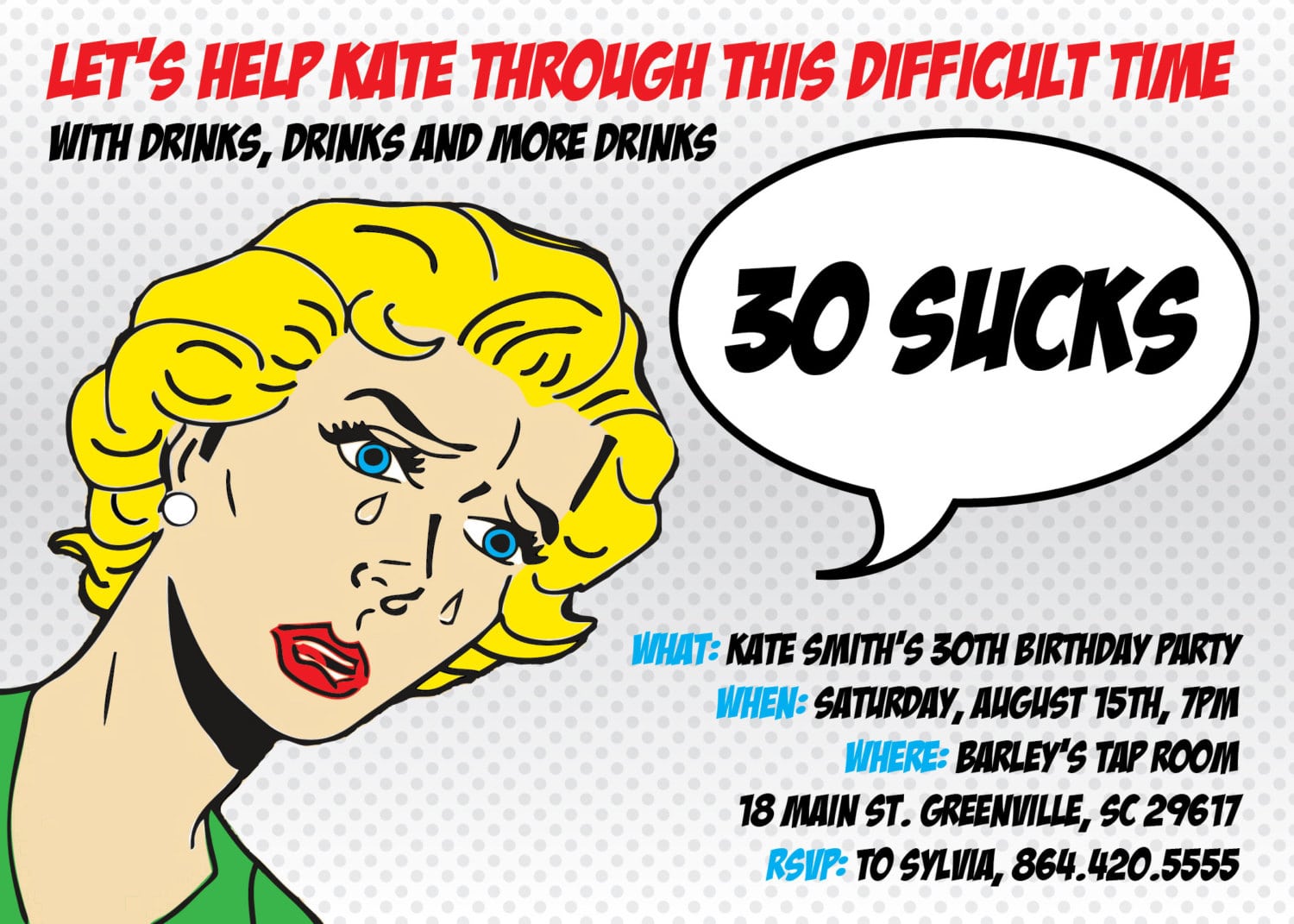 30 Sucks Birthday Party Invitation, Retro Pulp Woman, Funny