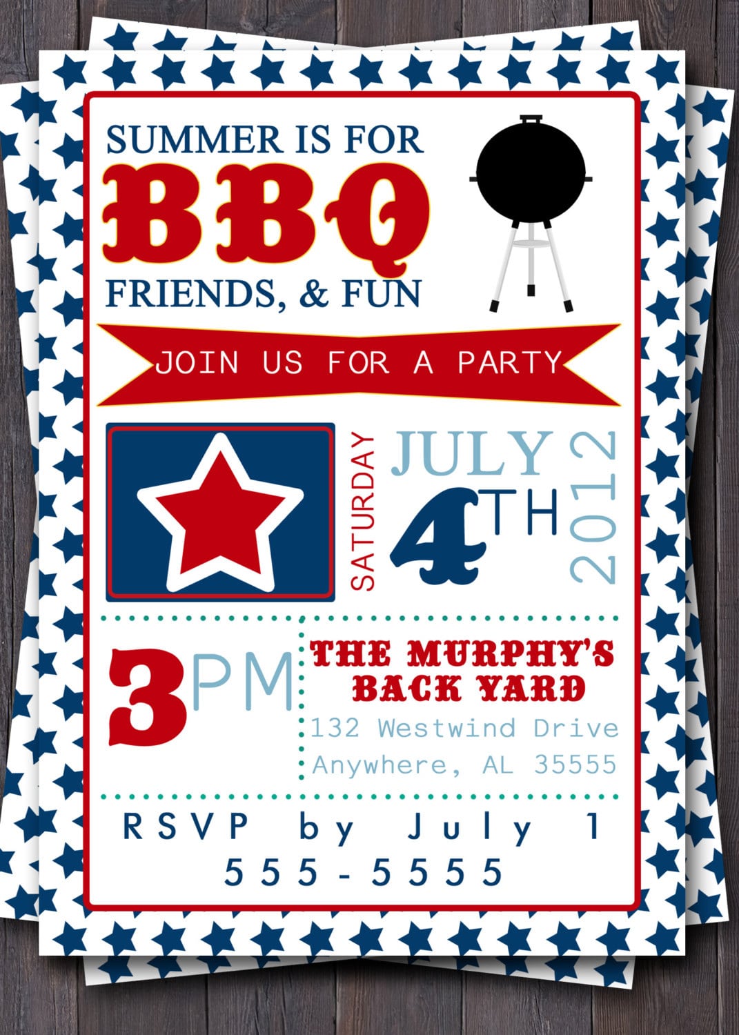 4th Of July Typography Invitation  Stars, Red, White, & Blue  Bbq