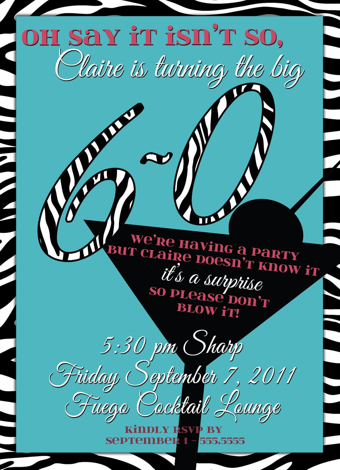 60th Birthday Surprise Party Zebra Print & Martini Ladies