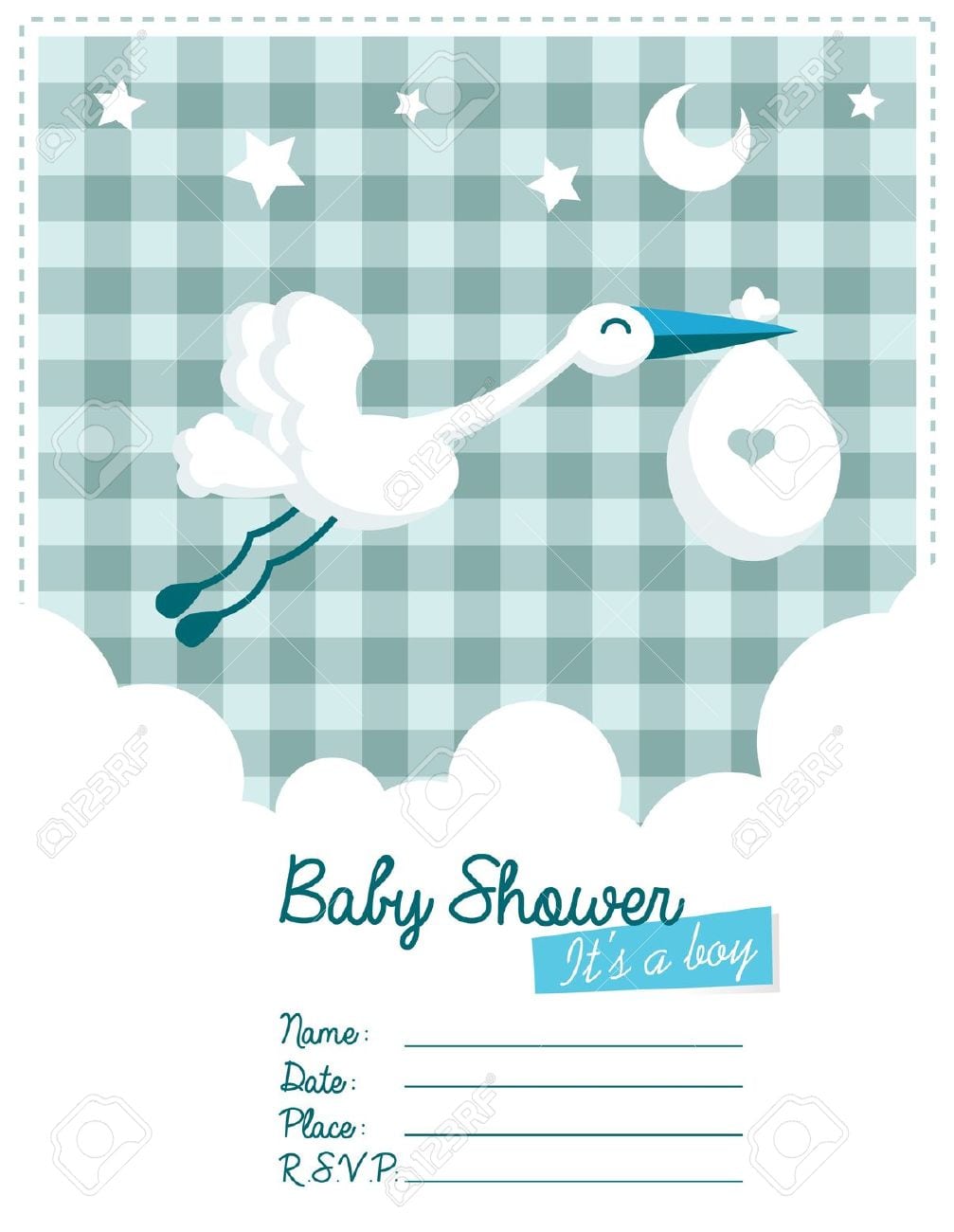 Baby Boy Invitation Card With Stork Royalty Free Cliparts, Vectors