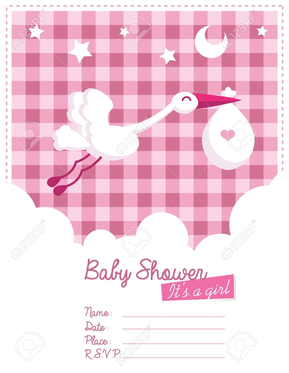 Baby Girl Invitation Card With Stork Royalty Free Cliparts