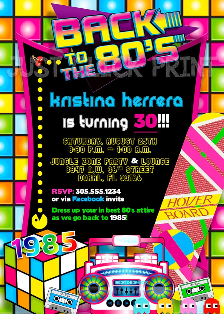 Back To The 80's Birthday Party Invitation Printable Â· Just Click