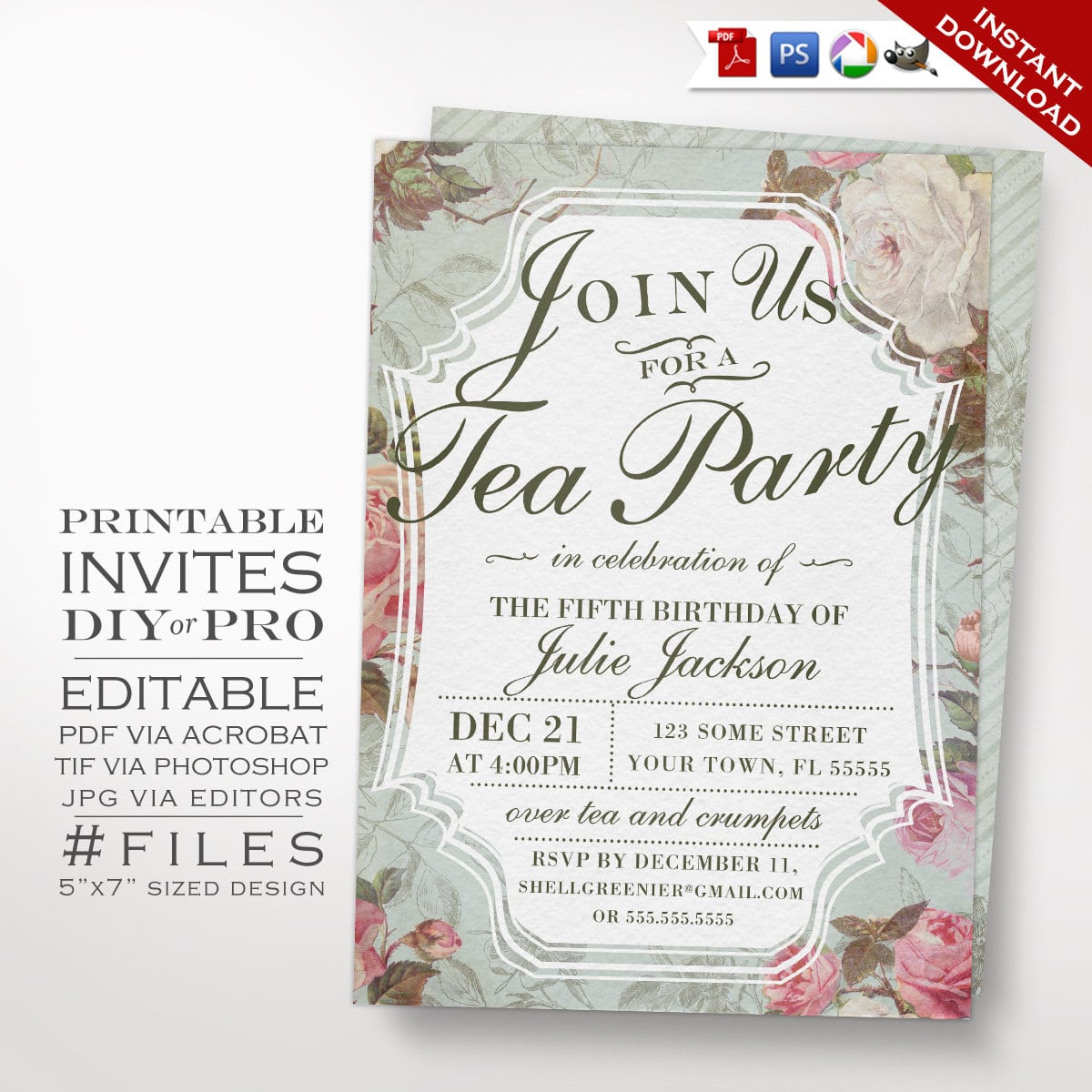 Birthday Tea Party Invitation Template Vintage Rose Tea