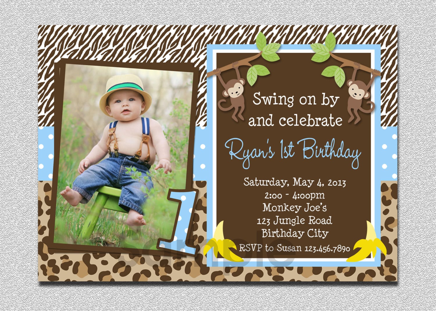 Boys Jungle Birthday Invitation Monkey Birthday Invitation