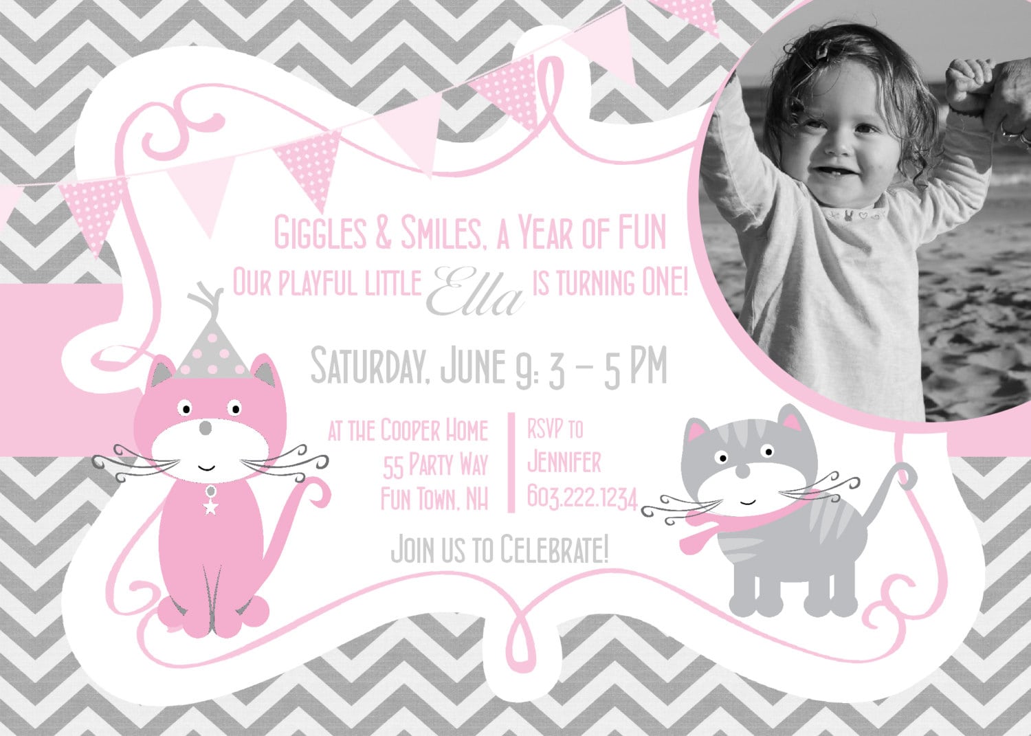 Cat First Birthday Party Invitation Girl Kitty Cat Birthday