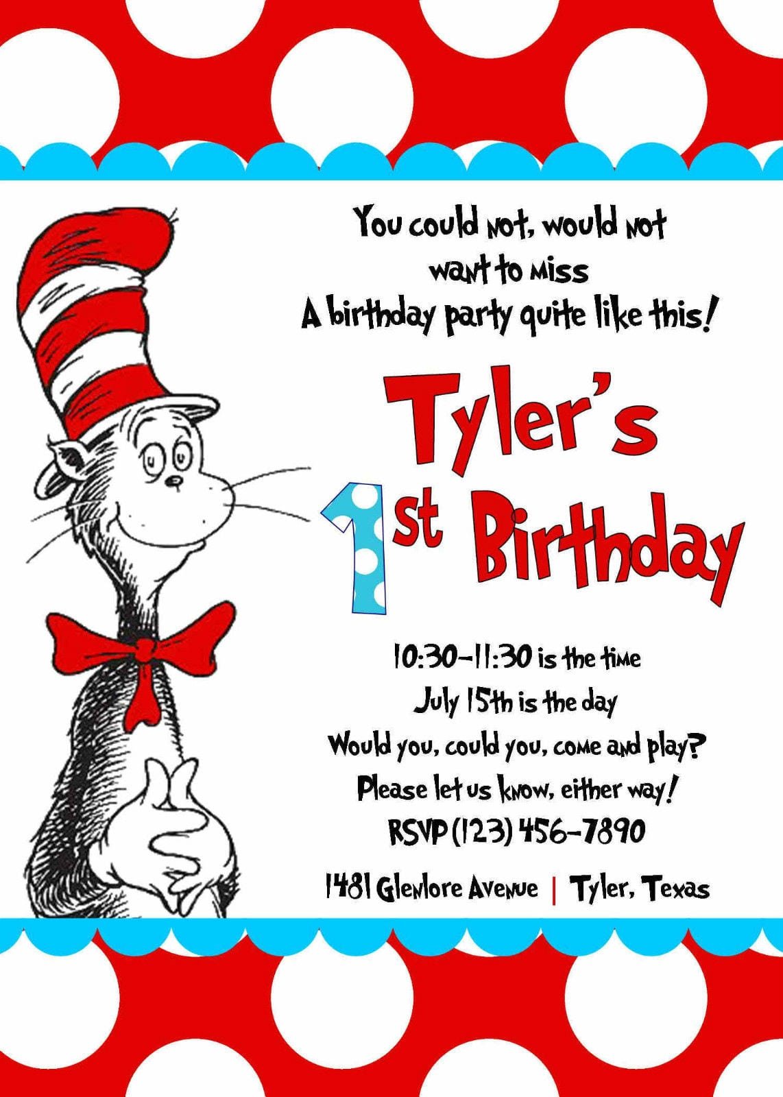 Cat In The Hat Invitation (printed) 5x7 Customized Birthday Party