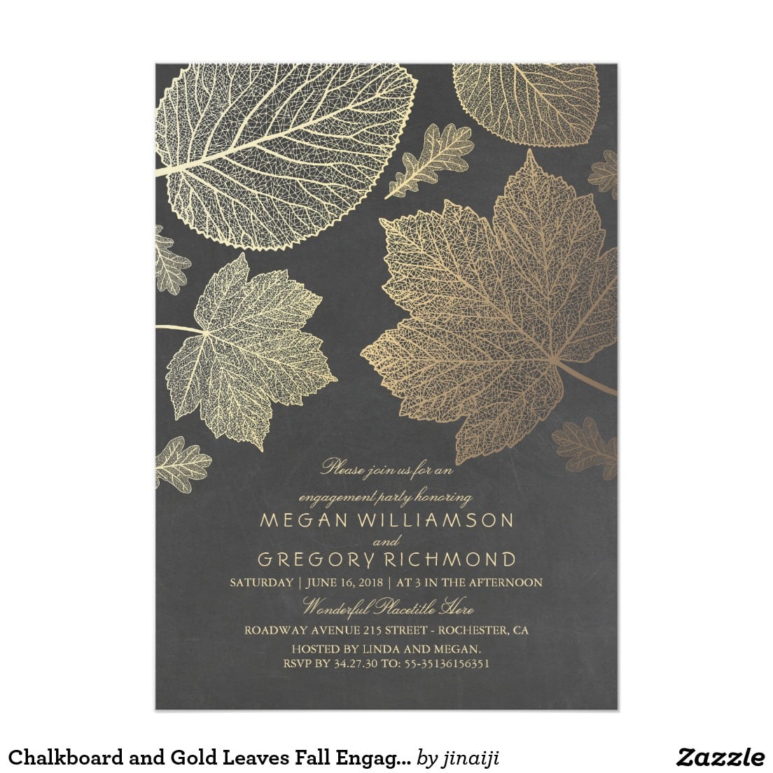 Chalkboard And Gold Leaves Fall Engagement Party Card