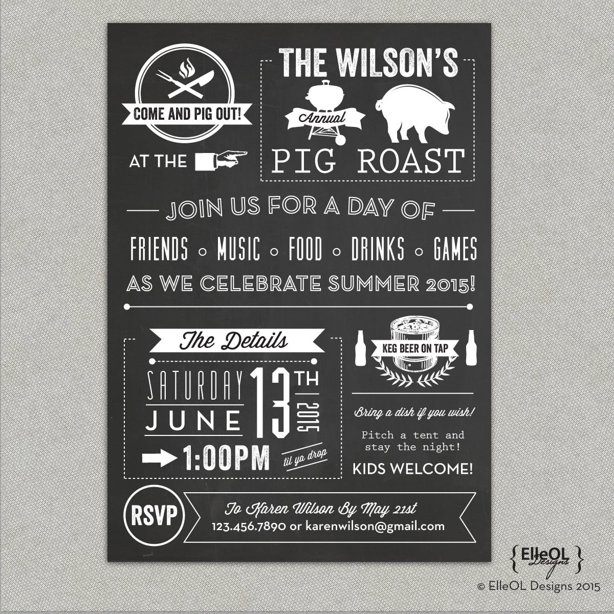 Chalkboard Pig Roast Party Invitation Birthday Summer
