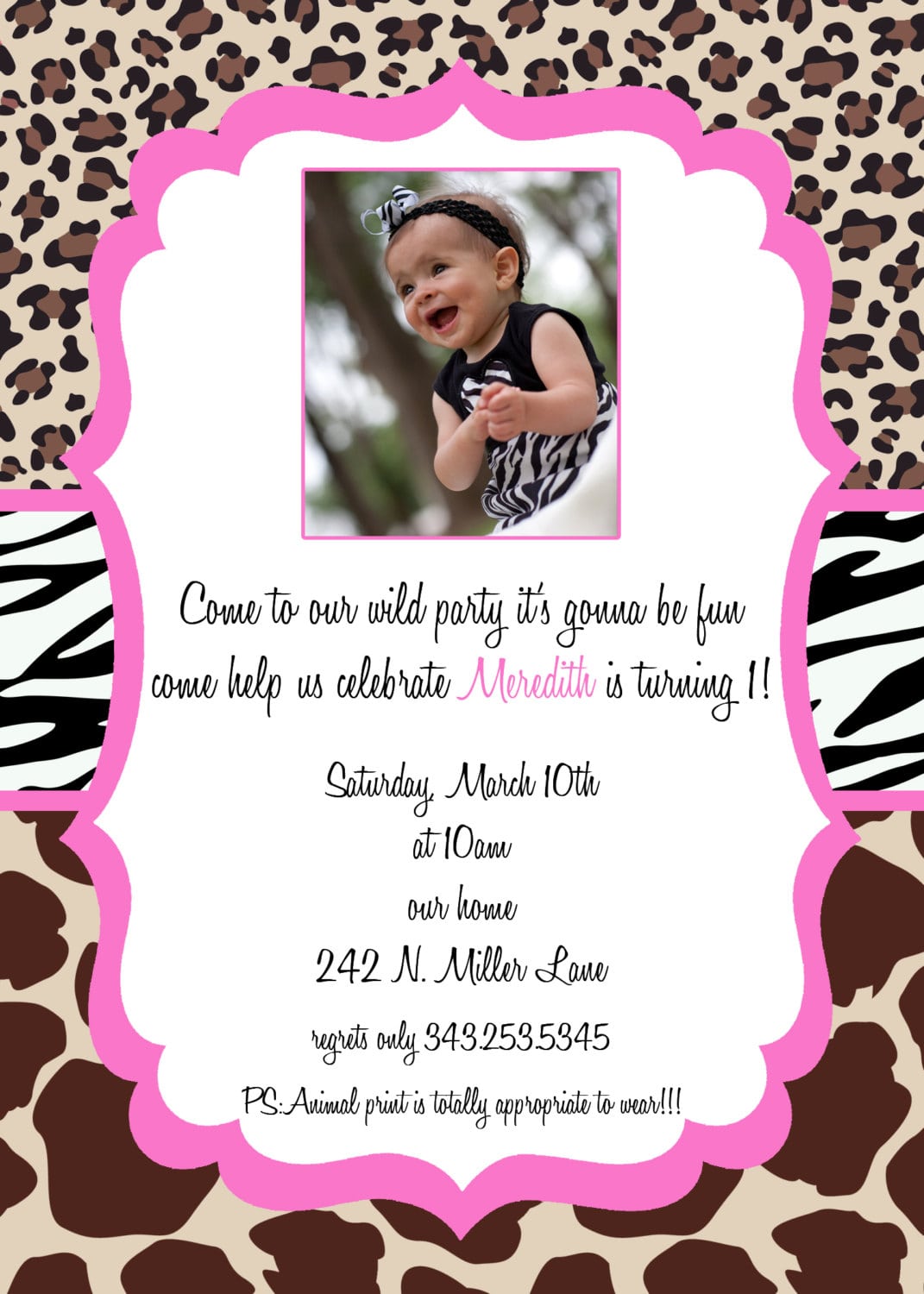 Cheetah Birthday Invitation, Cheetah Print Invitation, Custom