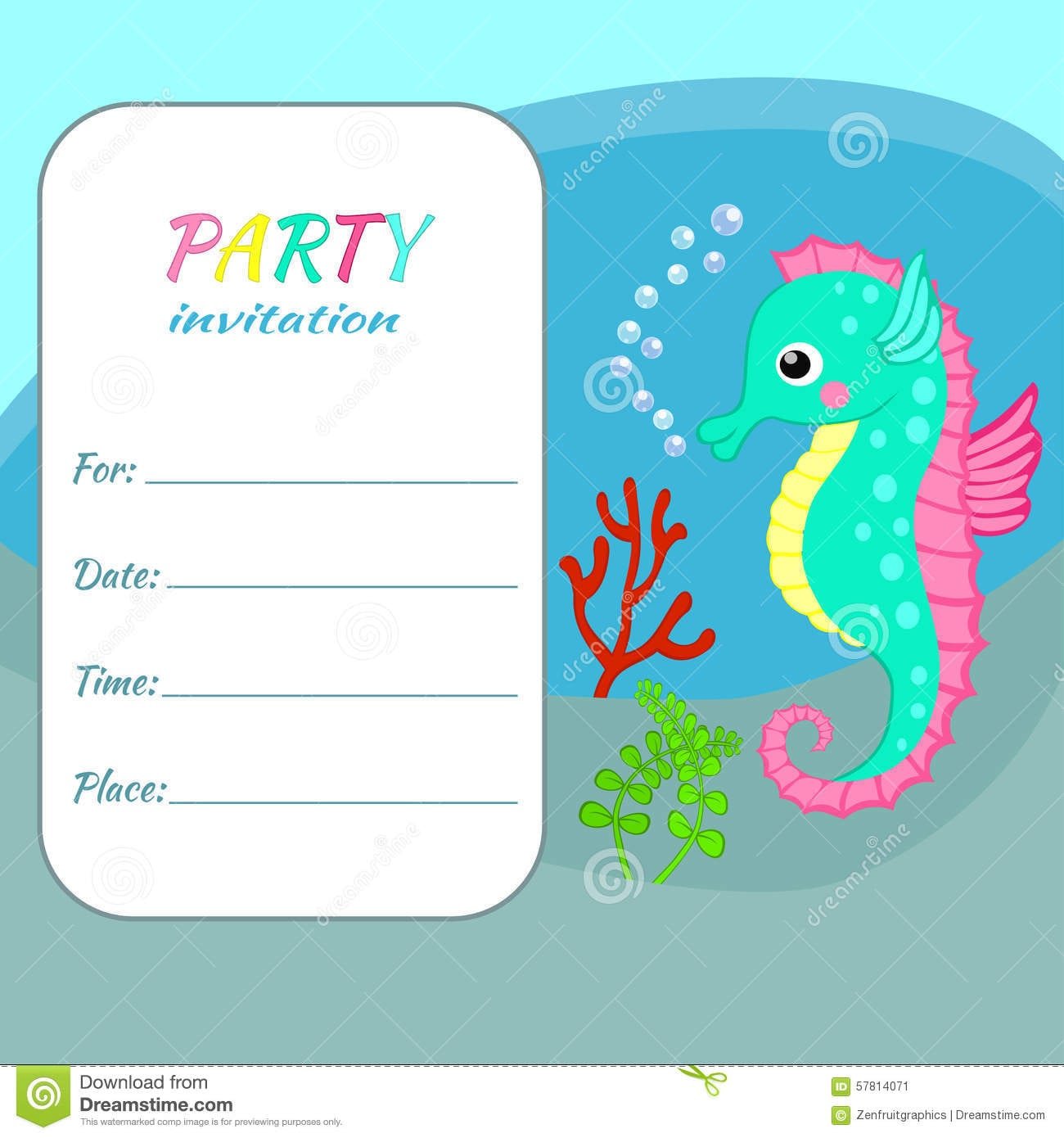 Children Party Invitation Card Template Colorful Sea Animals