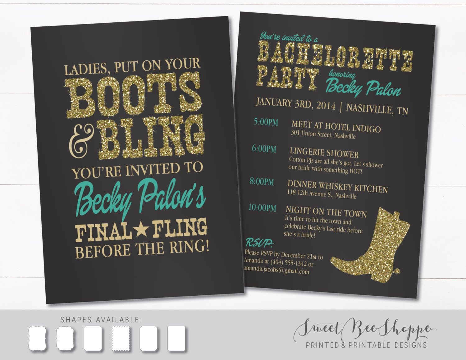 Country Western Bachelorette Party Invitation Boots & Bling