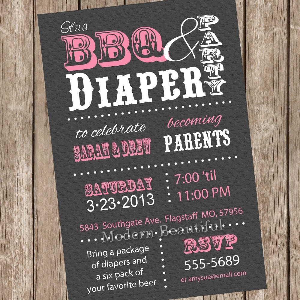 Couples Bbq And Diaper Baby Shower Invitation Grey Pink
